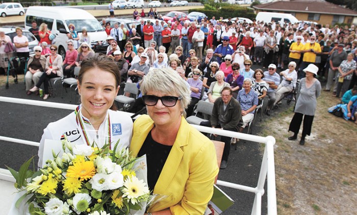 Amy Cure with Central Coast Mayor Jan Bonde at the Penguin Uniting Church hall following her World Championship community celebration earlier this year. Picture courtesy Grant Wells, The Advocate Newspaper 