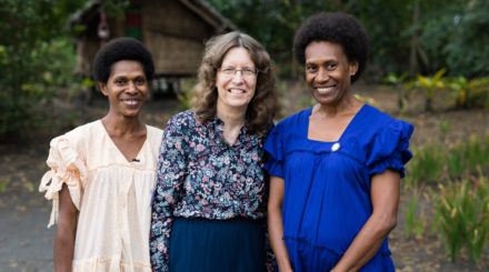 Dr Deidre Palmer with women leaders Martha and Annie at the Vanuatu National Assembly