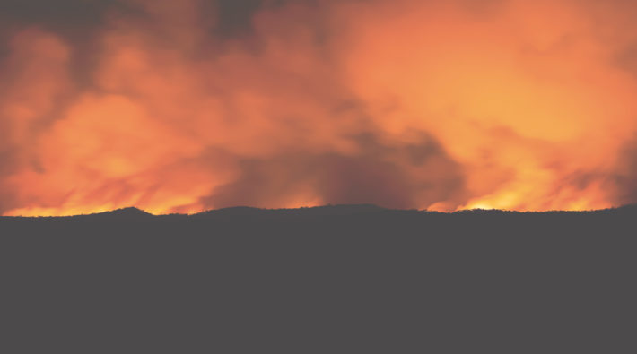 Bushfire, flames and smoke over the horizon, copy space