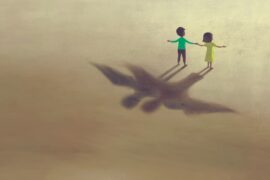 imagination artwork ,Girl with flying bird shadow , painting art, conceptual illustration,  freedom  ambition life and hope concept,  surreal child dream