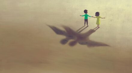 imagination artwork ,Girl with flying bird shadow , painting art, conceptual illustration,  freedom  ambition life and hope concept,  surreal child dream